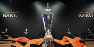 The UEFA Europa League football cup is displayed prior to the draw for the round of 32 of the UEFA Europa League football tournament at the UEFA headquarters in Nyon on December 17, 2018. (Photo by Fabrice COFFRINI / AFP) (Photo credit should read FABRICE COFFRINI/AFP/Getty Images)