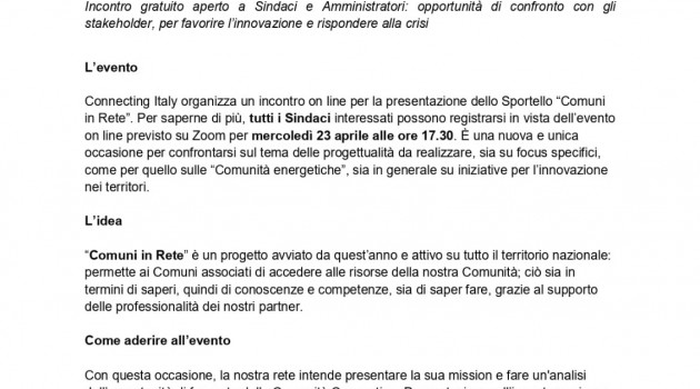 Progetto Comuni in Rete: incontro zoom di presentazione Progetto Comuni in Rete: incontro zoom di presentazione